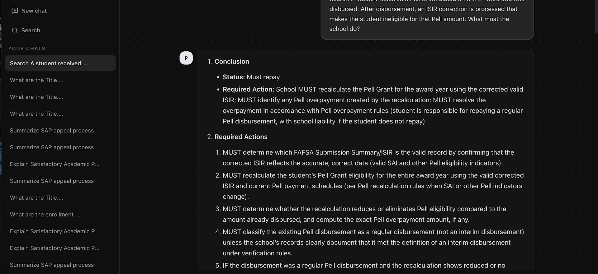 The compliance chatbot answering a Pell Grant question with a structured, cited response